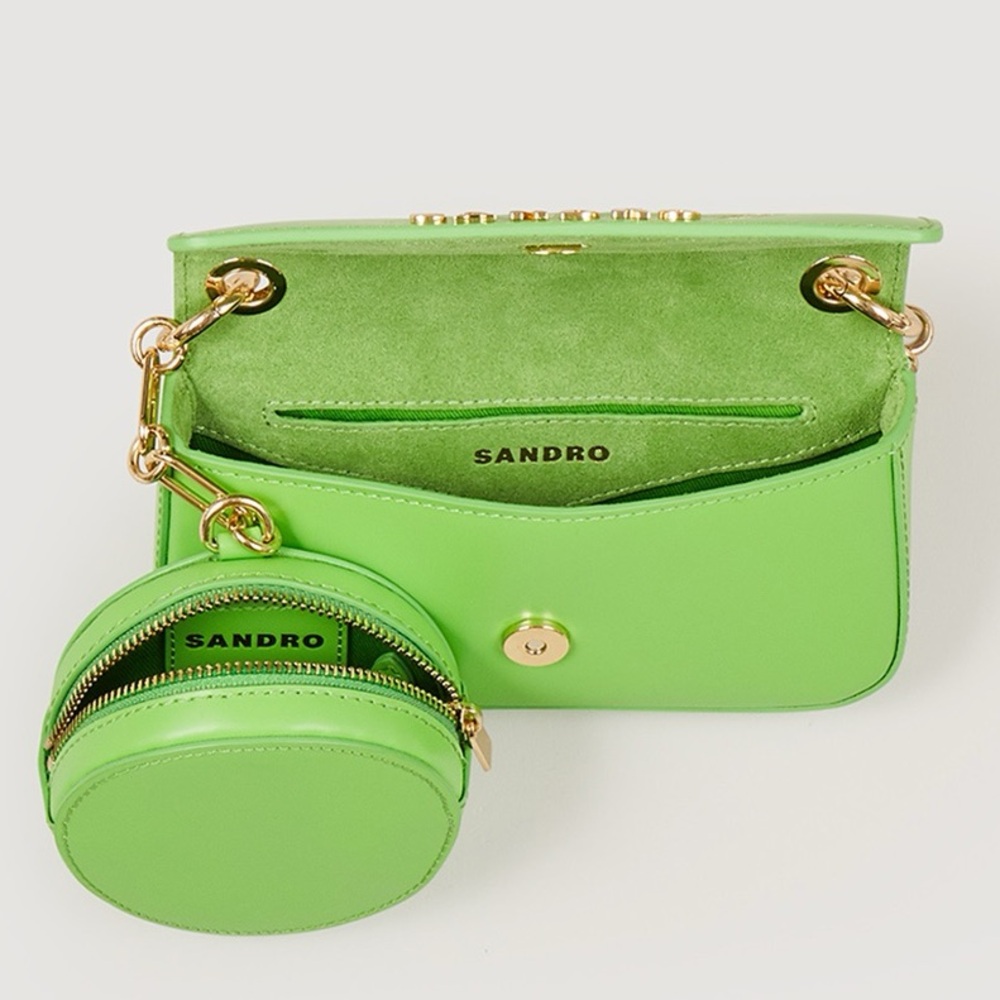 NWT $360 SANDRO totemo shoulder bag LIME GREEN with gold chain +zip coin purse - Picture 8 of 13